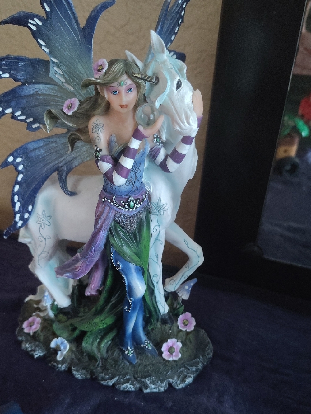 Hand-Painted Fairy and Unicorn Figurine in Purple, Blue, Green